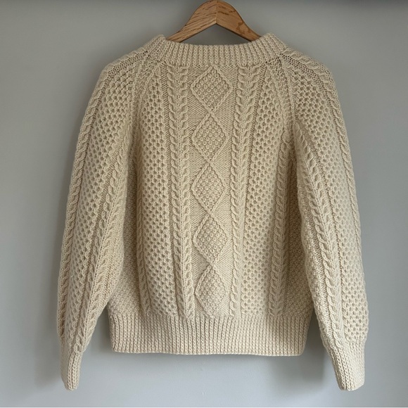 Crew Neck Cable Knit Wool Hand Knit Fisherman Sweater - Picture 8 of 13
